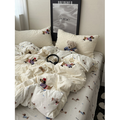 奶油韓系少女心ins卡通臘腸狗毛巾綉水洗棉四件套床單學生三件套 奶油韓系少女心ins卡通臘腸狗毛巾綉水洗棉四件套床單學生三件套