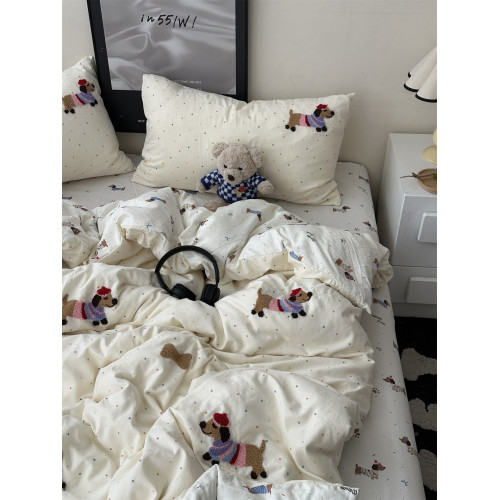 奶油韓系少女心ins卡通臘腸狗毛巾綉水洗棉四件套床單學生三件套 奶油韓系少女心ins卡通臘腸狗毛巾綉水洗棉四件套床單學生三件套