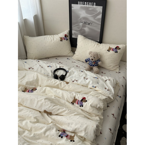 奶油韓系少女心ins卡通臘腸狗毛巾綉水洗棉四件套床單學生三件套 奶油韓系少女心ins卡通臘腸狗毛巾綉水洗棉四件套床單學生三件套