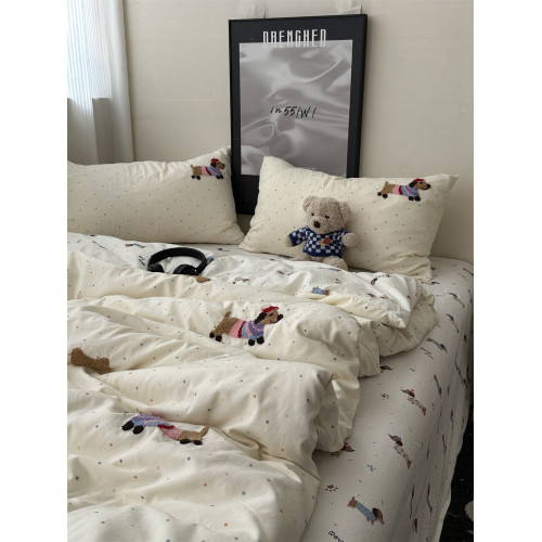 奶油韓系少女心ins卡通臘腸狗毛巾綉水洗棉四件套床單學生三件套 奶油韓系少女心ins卡通臘腸狗毛巾綉水洗棉四件套床單學生三件套