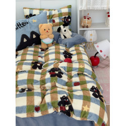 多巴胺小黑貓牛奶絨保暖四件套ins韓系加厚雙面珊瑚絨被套1.8床單