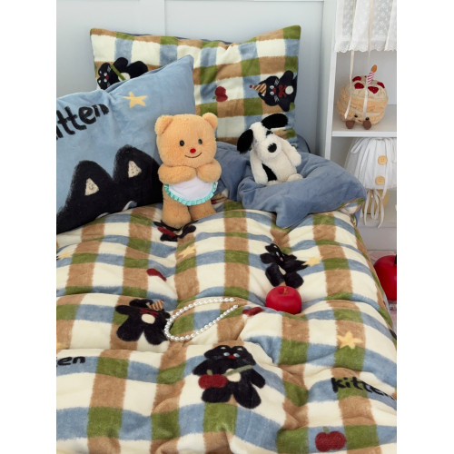 多巴胺小黑貓牛奶絨保暖四件套ins韓系加厚雙面珊瑚絨被套1.8床單