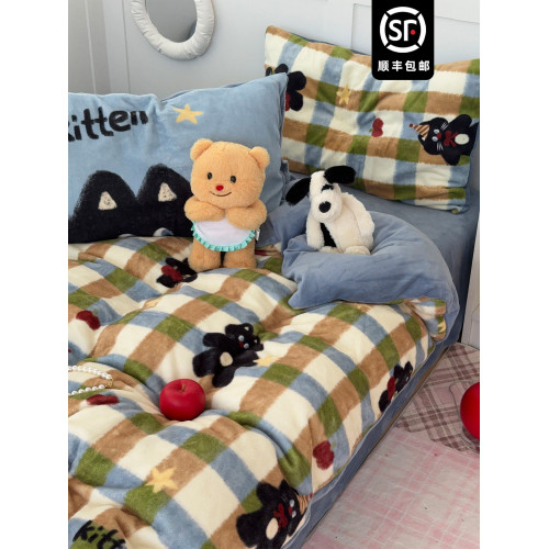 多巴胺小黑貓牛奶絨保暖四件套ins韓系加厚雙面珊瑚絨被套1.8床單