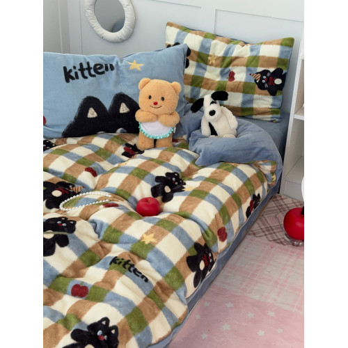 多巴胺小黑貓牛奶絨保暖四件套ins韓系加厚雙面珊瑚絨被套1.8床單