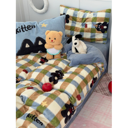 多巴胺小黑貓牛奶絨保暖四件套ins韓系加厚雙面珊瑚絨被套1.8床單