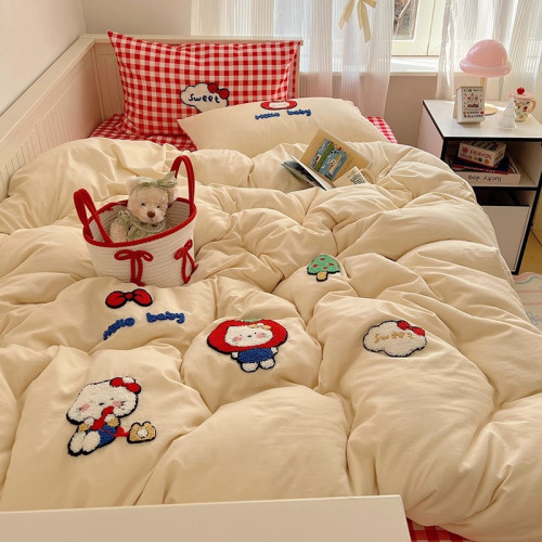 ins可愛貓咪四件套少女心重工毛巾綉純棉全棉宿捨三件套床單床包