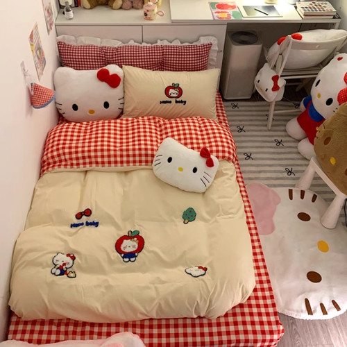 ins可愛貓咪四件套少女心重工毛巾綉純棉全棉宿捨三件套床單床包