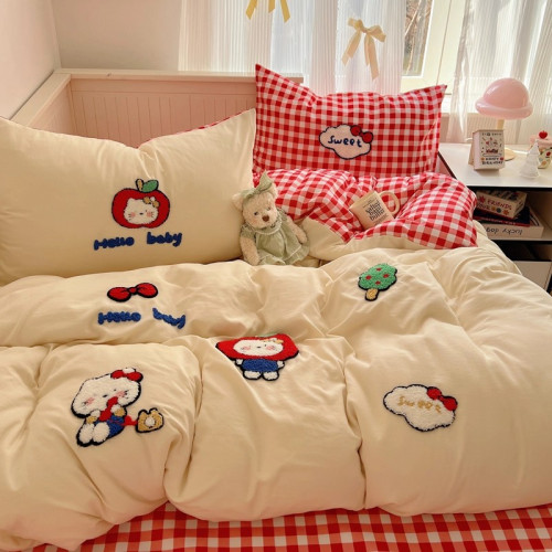 ins可愛貓咪四件套少女心重工毛巾綉純棉全棉宿捨三件套床單床包