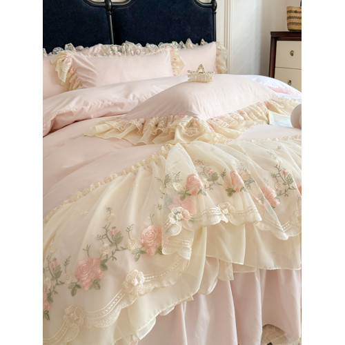 法式輕奢公主風水洗棉四件套2025新款蕾絲刺綉花邊款被套床單床品