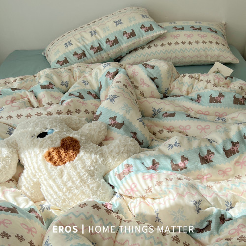 EROS自製︱費爾島狗狗雙層紗全棉四件套超柔純棉ins少女心三件套