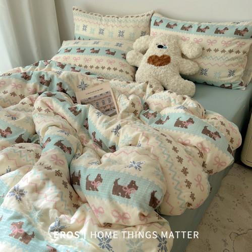 EROS自製︱費爾島狗狗雙層紗全棉四件套超柔純棉ins少女心三件套