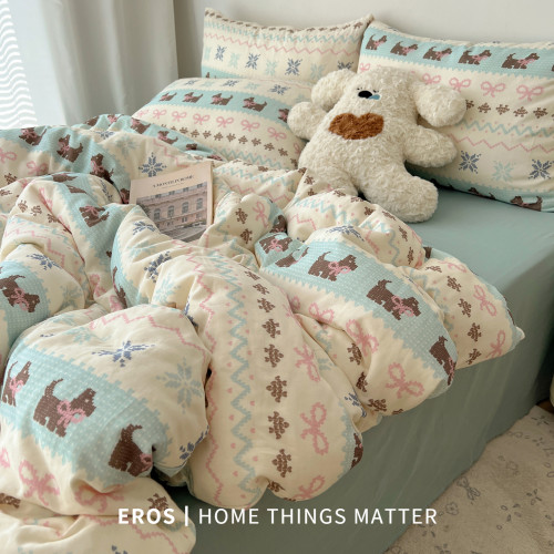 EROS自製︱費爾島狗狗雙層紗全棉四件套超柔純棉ins少女心三件套