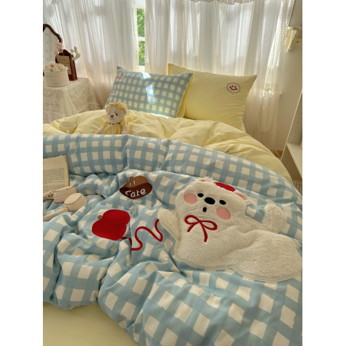 a類可愛貓咪貼布綉床上四件套被套床單ins風學生非全棉純棉三件套