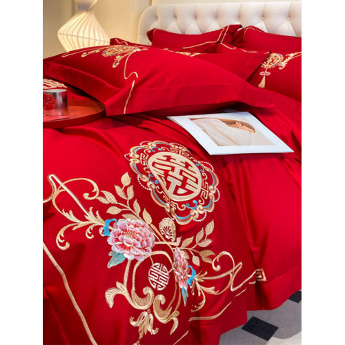 高檔中式結婚四件套大紅色婚慶純棉被套婚房喜被新婚陪嫁床上用品