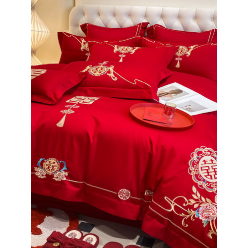高檔中式結婚四件套大紅色婚慶純棉被套婚房喜被新婚陪嫁床上用品