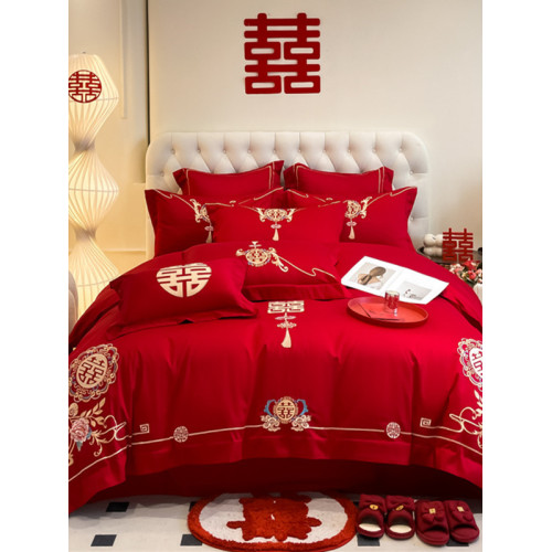 高檔中式結婚四件套大紅色婚慶純棉被套婚房喜被新婚陪嫁床上用品