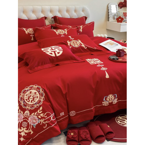 高檔中式結婚四件套大紅色婚慶純棉被套婚房喜被新婚陪嫁床上用品