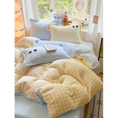 秋冬天多巴胺大眼睛牛奶絨四件套珊瑚加絨被套宿捨床單加絨三件套