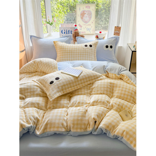 秋冬天多巴胺大眼睛牛奶絨四件套珊瑚加絨被套宿捨床單加絨三件套