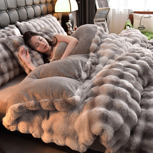 冬季加厚兔兔絨四件套耐髒灰白牛奶絨被套雙面絨法萊絨床單床包款