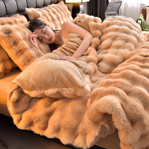 冬季加厚兔兔絨四件套耐髒灰白牛奶絨被套雙面絨法萊絨床單床包款