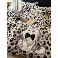 波斯貓豹紋兔毛絨四件套牛奶絨被套床單秋冬保暖珊瑚絨床品三件套