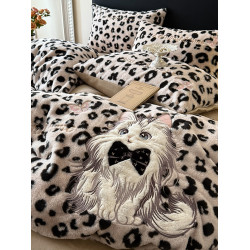 波斯貓豹紋兔毛絨四件套牛奶絨被套床單秋冬保暖珊瑚絨床品三件套