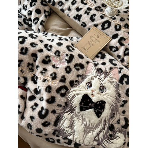 波斯貓豹紋兔毛絨四件套牛奶絨被套床單秋冬保暖珊瑚絨床品三件套