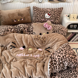 可愛ins黑皮KT貓咪毛巾綉牛奶絨四件套冬天加厚珊瑚絨三件套床包