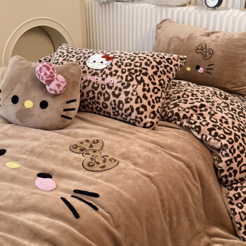 可愛ins黑皮KT貓咪毛巾綉牛奶絨四件套冬天加厚珊瑚絨三件套床包
