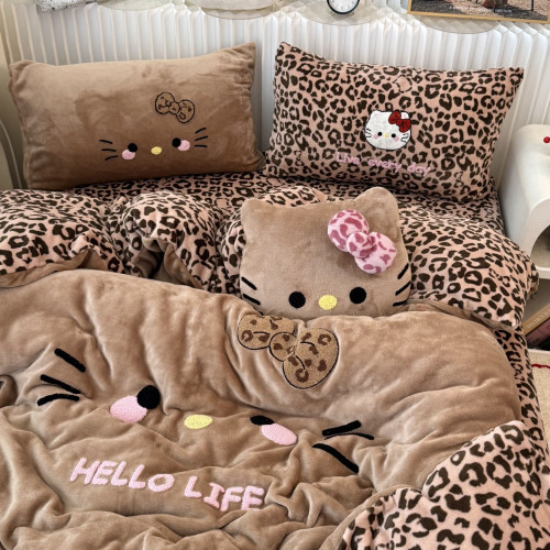 可愛ins黑皮KT貓咪毛巾綉牛奶絨四件套冬天加厚珊瑚絨三件套床包