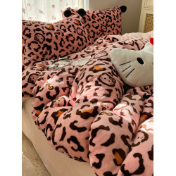 甜酷豹紋貓咪牛奶絨保暖四件套可愛毛球雙面珊瑚絨被套珊瑚絨床單