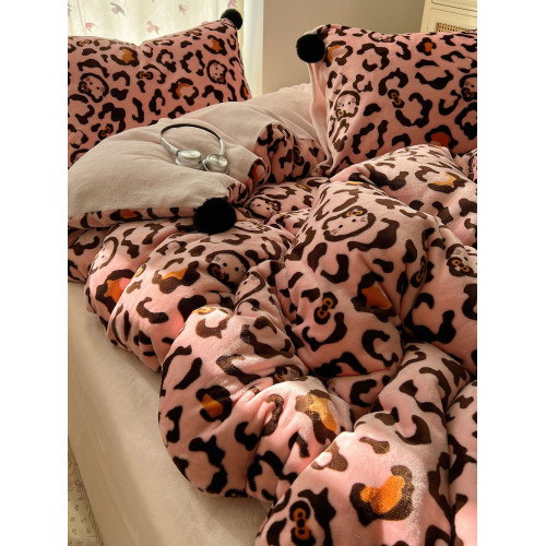 甜酷豹紋貓咪牛奶絨保暖四件套可愛毛球雙面珊瑚絨被套珊瑚絨床單