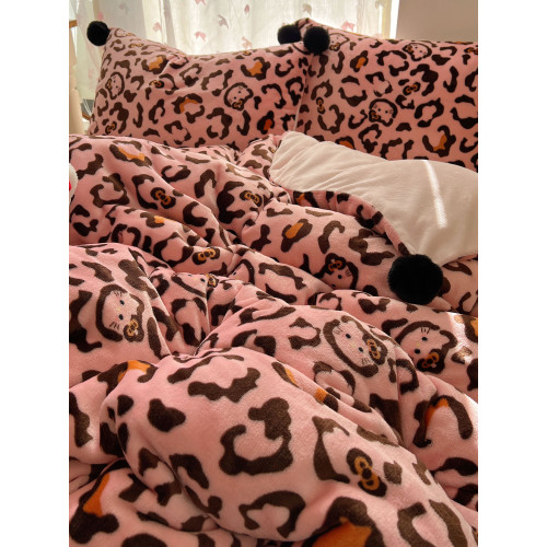 甜酷豹紋貓咪牛奶絨保暖四件套可愛毛球雙面珊瑚絨被套珊瑚絨床單