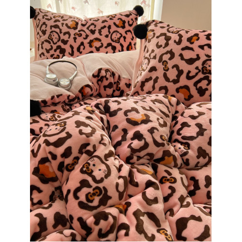 甜酷豹紋貓咪牛奶絨保暖四件套可愛毛球雙面珊瑚絨被套珊瑚絨床單