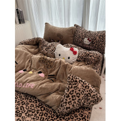 卡通ins牛奶絨豹紋少女心可愛貓咪冬季保暖加厚四件套三件套被套