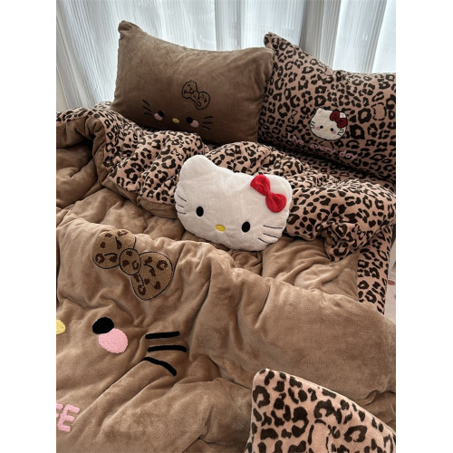 卡通ins牛奶絨豹紋少女心可愛貓咪冬季保暖加厚四件套三件套被套