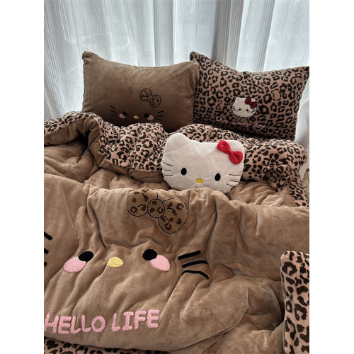 卡通ins牛奶絨豹紋少女心可愛貓咪冬季保暖加厚四件套三件套被套