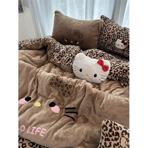 卡通ins牛奶絨豹紋少女心可愛貓咪冬季保暖加厚四件套三件套被套