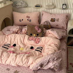 ins卡通少女粉豹紋可愛貓咪毛巾綉水洗棉四件套床單三件套床包1.8