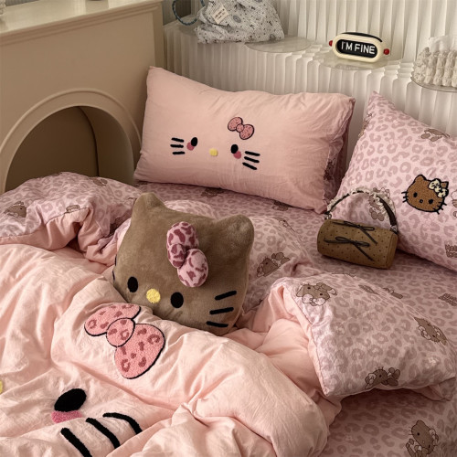 ins卡通少女粉豹紋可愛貓咪毛巾綉水洗棉四件套床單三件套床包1.8