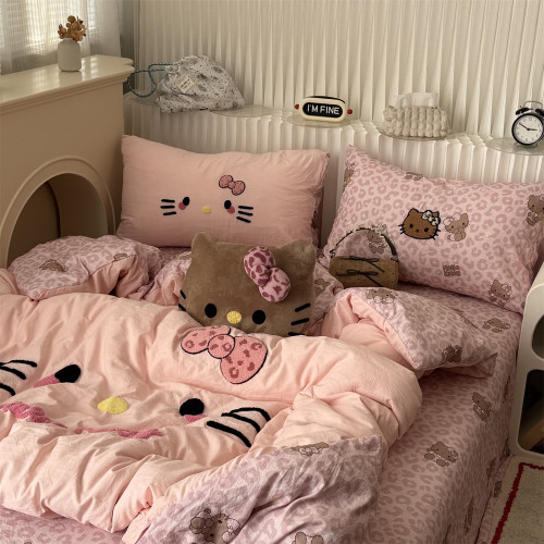 ins卡通少女粉豹紋可愛貓咪毛巾綉水洗棉四件套床單三件套床包1.8