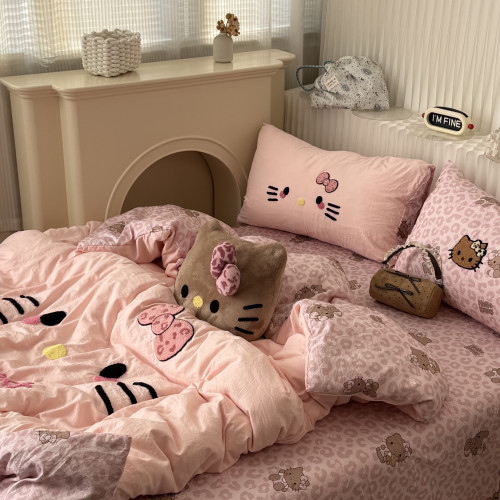 ins卡通少女粉豹紋可愛貓咪毛巾綉水洗棉四件套床單三件套床包1.8