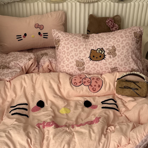ins卡通少女粉豹紋可愛貓咪毛巾綉水洗棉四件套床單三件套床包1.8