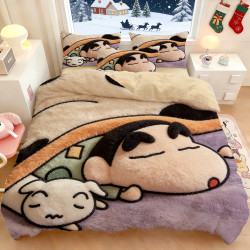 蠟筆小新3D立體視覺冬季嬰膚絨被套雙面加絨床上短毛絨四件套加厚
