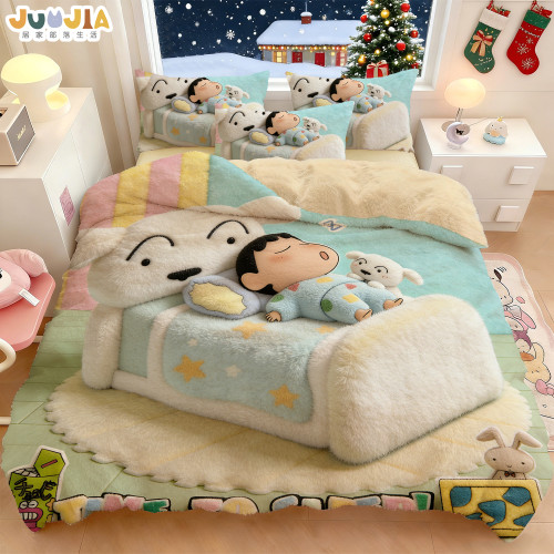 蠟筆小新3D立體視覺冬季嬰膚絨被套雙面加絨床上短毛絨四件套加厚