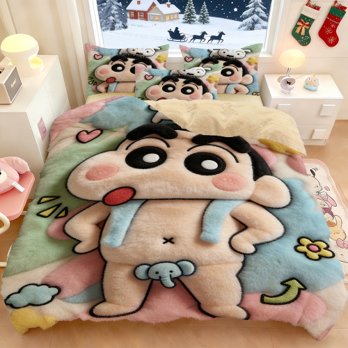 蠟筆小新3D立體視覺冬季嬰膚絨被套雙面加絨床上短毛絨四件套加厚