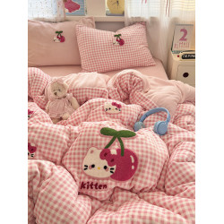 ins粉色KT貓毛巾綉牛奶絨四件套雙面絨珊瑚絨被套宿捨床單三件套