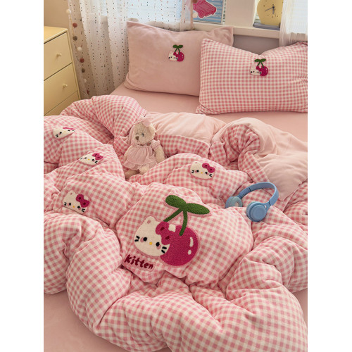 ins粉色KT貓毛巾綉牛奶絨四件套雙面絨珊瑚絨被套宿捨床單三件套