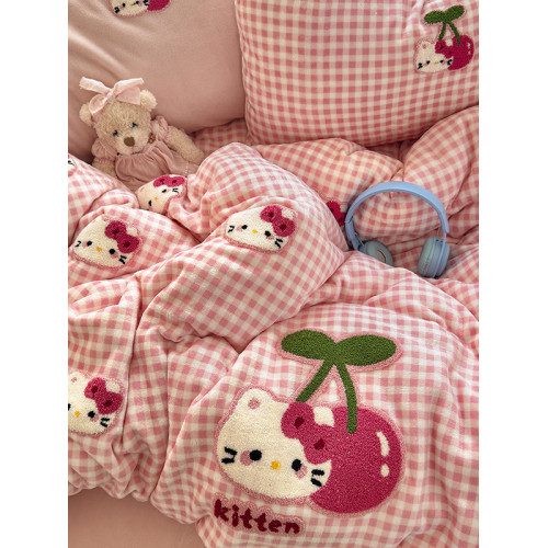 ins粉色KT貓毛巾綉牛奶絨四件套雙面絨珊瑚絨被套宿捨床單三件套